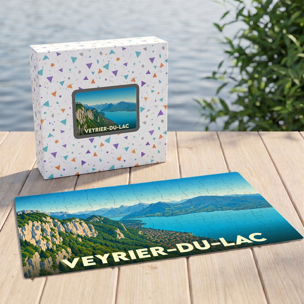 Puzzle souvenir de la ville de Veyrier-du-Lac illustrant un panorama sur le lac et les montagnes.