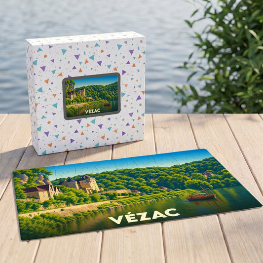 Puzzle souvenir de la ville de Vézac avec une illustration stylisée des bords de la Dordogne.