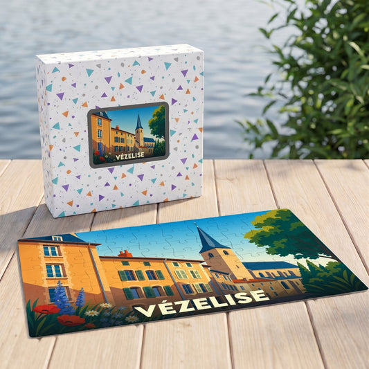 Puzzle souvenir de la ville de Vézelise avec une illustration stylisée et colorée.