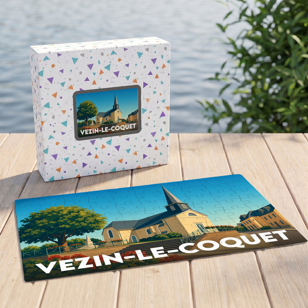 Puzzle souvenir de la ville de Vezin-le-Coquet avec une illustration stylisée de son église.