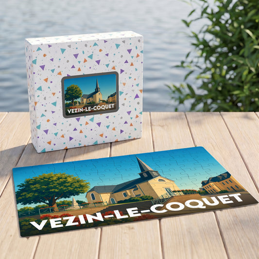 Puzzle souvenir de la ville de Vezin-le-Coquet avec une illustration stylisée de son église.
