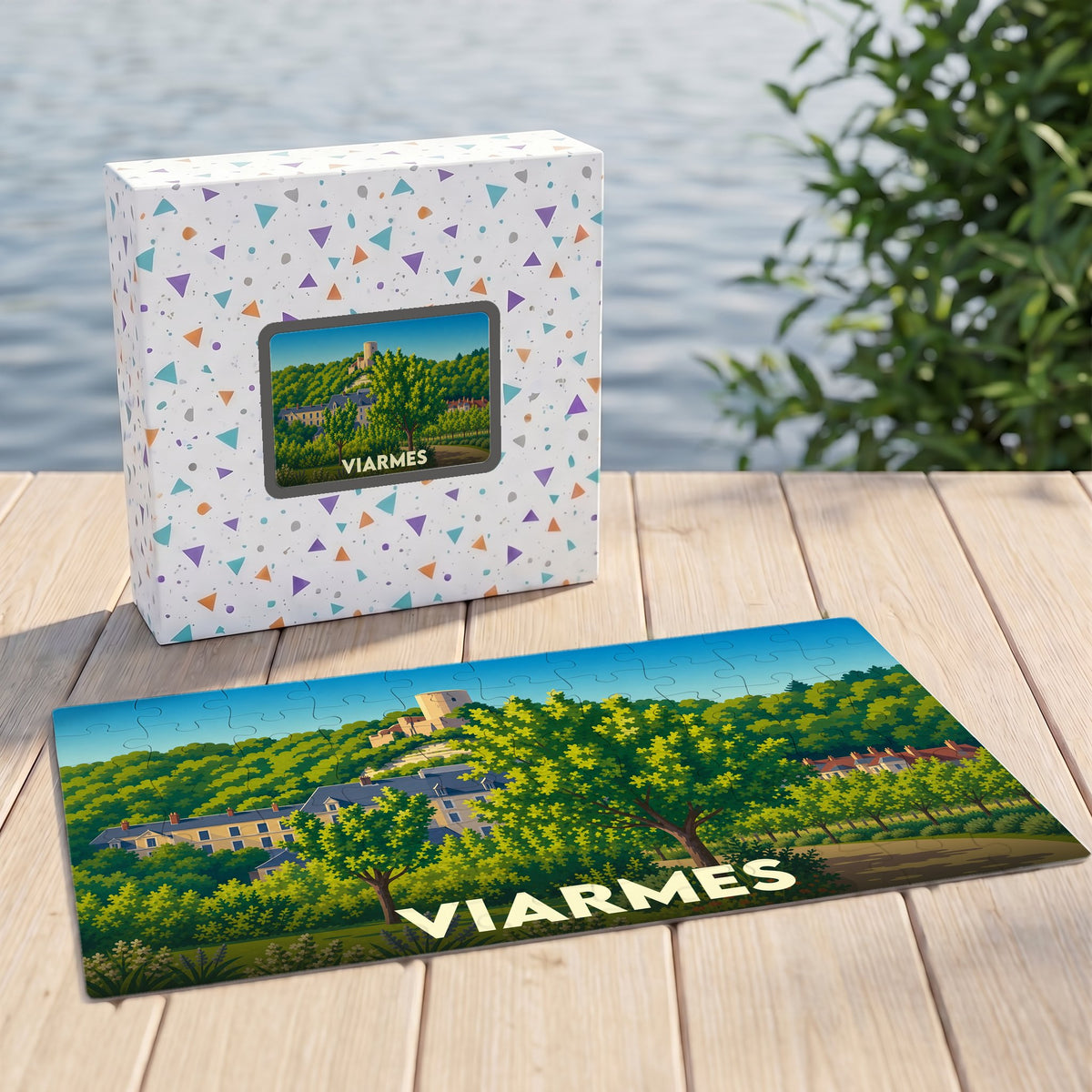 Puzzle souvenir de la ville de Viarmes avec une illustration stylisée de son paysage et de ses monuments.
