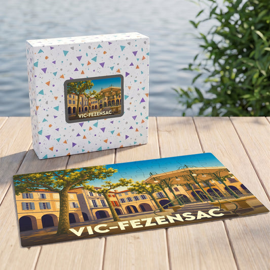 Puzzle souvenir de la ville de Vic-Fezensac avec une illustration stylisée.