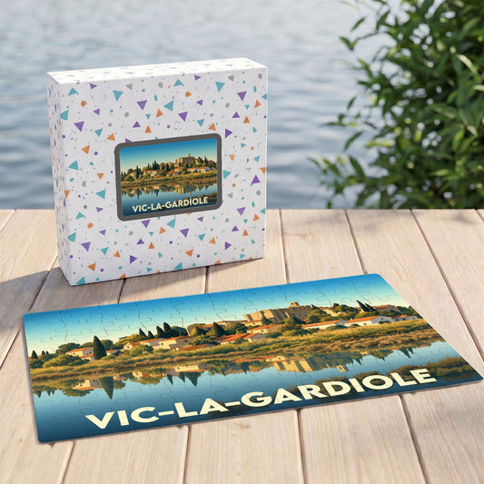 Puzzle souvenir de la ville de Vic-la-Gardiole avec une illustration stylisée et colorée.