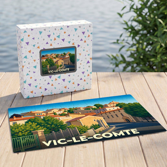 Puzzle souvenir de la ville de Vic-le-Comte avec une illustration stylisée et colorée.