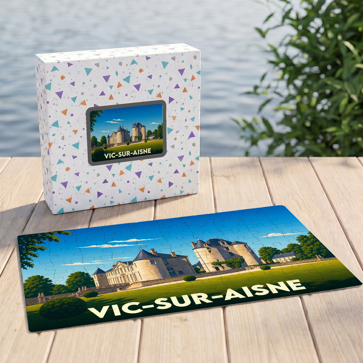 Puzzle souvenir de la ville de Vic-sur-Aisne avec une illustration stylisée d'un château.