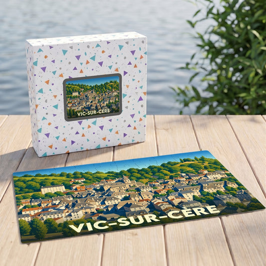 Puzzle souvenir de la ville de Vic-sur-Cère avec une illustration stylisée et colorée.