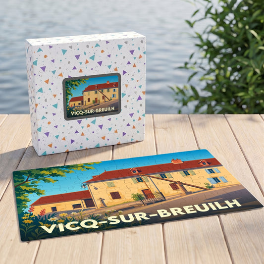 Puzzle souvenir de la ville de Vicq-sur-Breuilh avec une illustration stylisée.