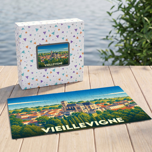Puzzle souvenir de la ville de Vieillevigne présentant une illustration panoramique stylisée.
