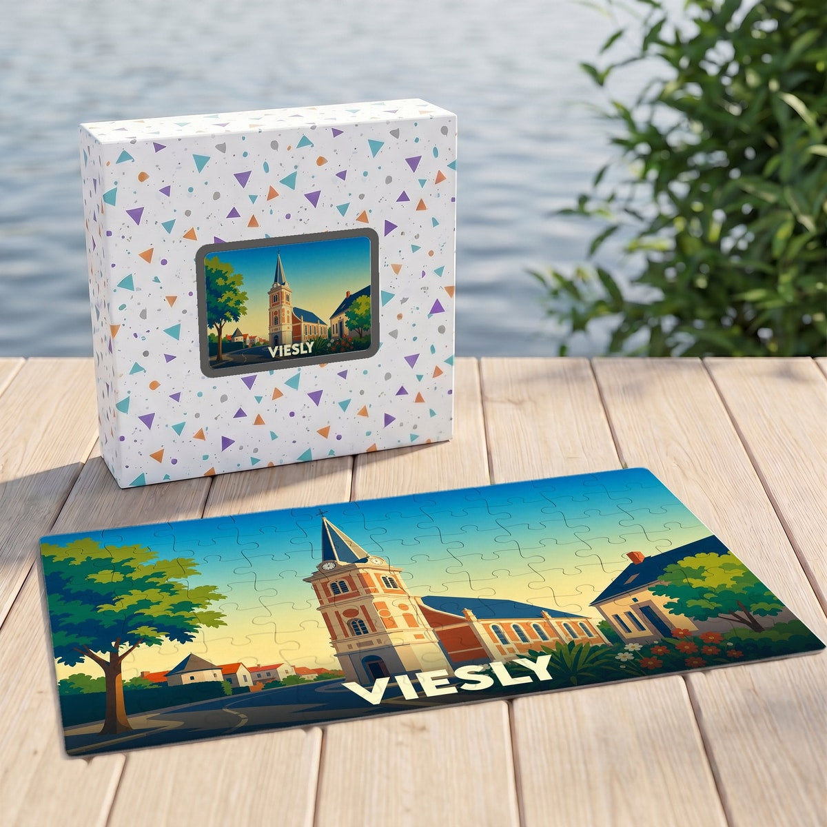Puzzle souvenir de la ville de Viesly illustrant son église dans un style graphique épuré.