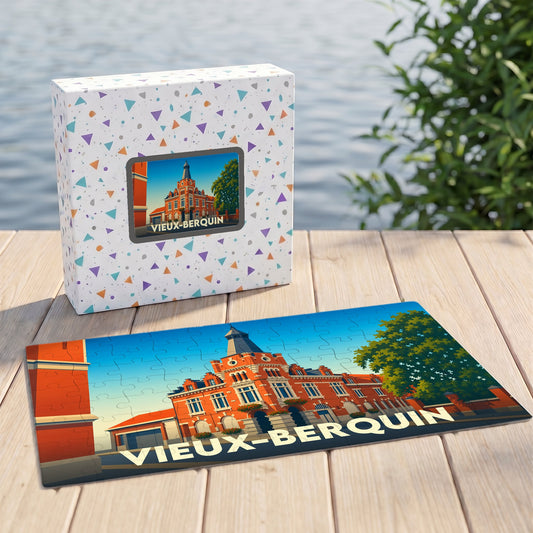 Puzzle souvenir de la ville de Vieux-Berquin avec une illustration colorée de son architecture typique.