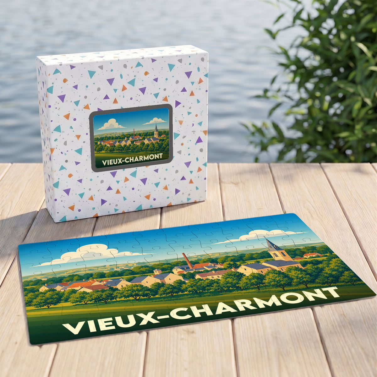 Puzzle souvenir de la ville de Vieux-Charmont avec une illustration panoramique stylisée.