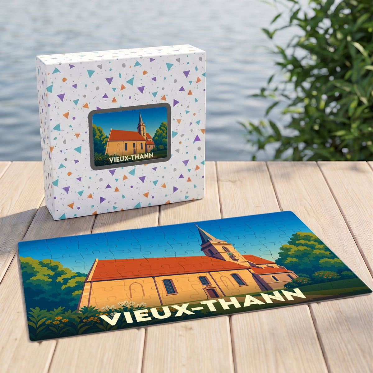 Puzzle souvenir de la ville de Vieux-Thann avec une illustration stylisée d'une église sur sa boîte assortie.