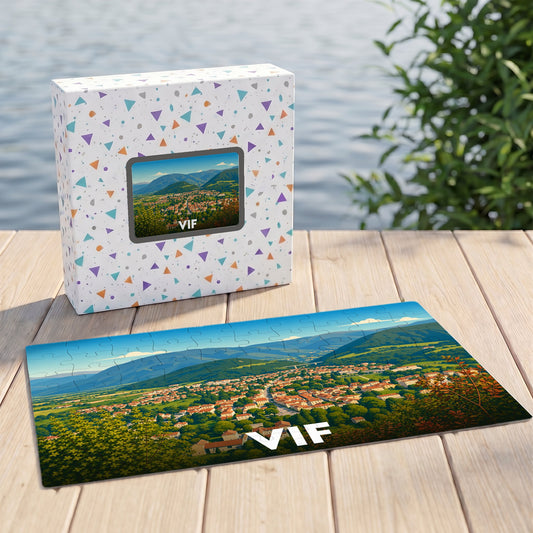 Puzzle souvenir de la ville de Vif avec une illustration panoramique stylisée.