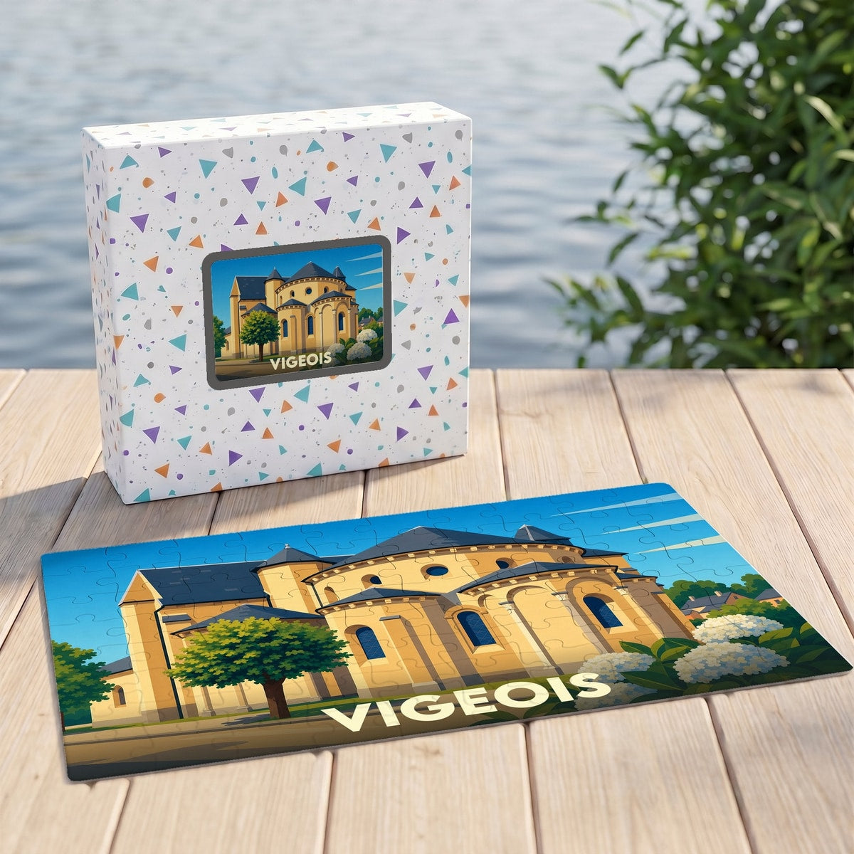 Puzzle souvenir de la ville de Vigeois avec une illustration stylisée de son église abbatiale.