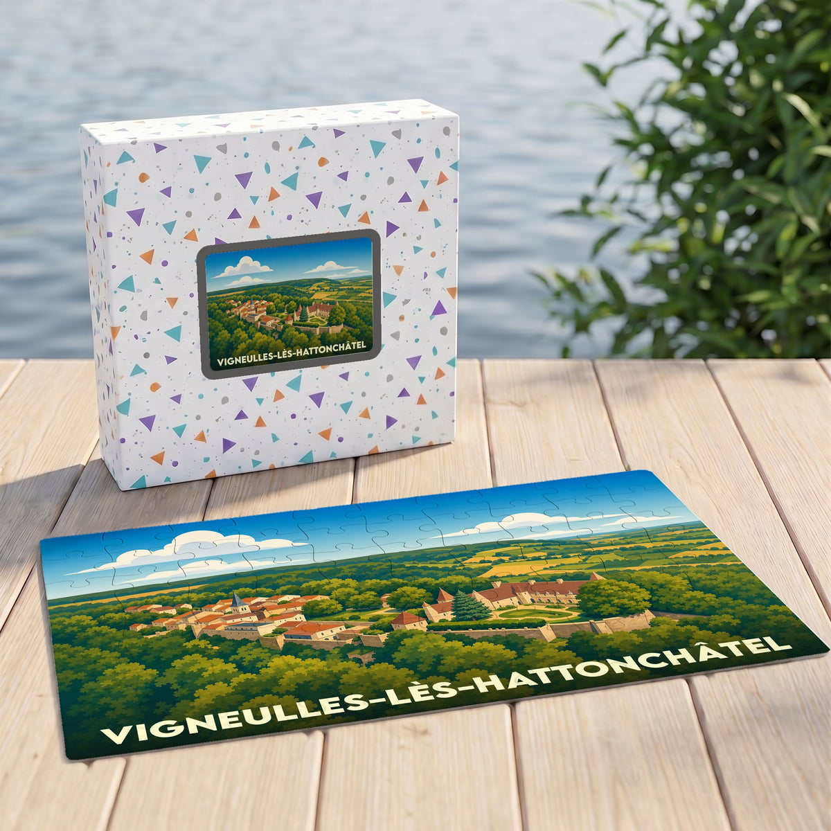 Puzzle souvenir de Vigneulles-lès-Hattonchâtel présentant une illustration panoramique de la ville et de son château.