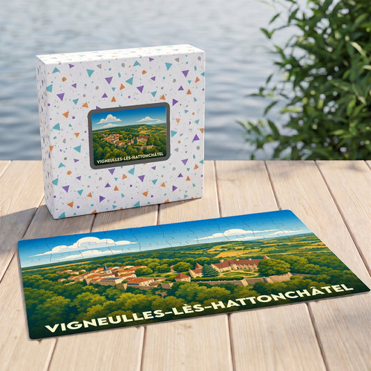 Puzzle souvenir de Vigneulles-lès-Hattonchâtel présentant une illustration panoramique de la ville et de son château.