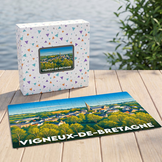 Puzzle souvenir de la ville de Vigneux-de-Bretagne avec une illustration de son paysage urbain verdoyant.