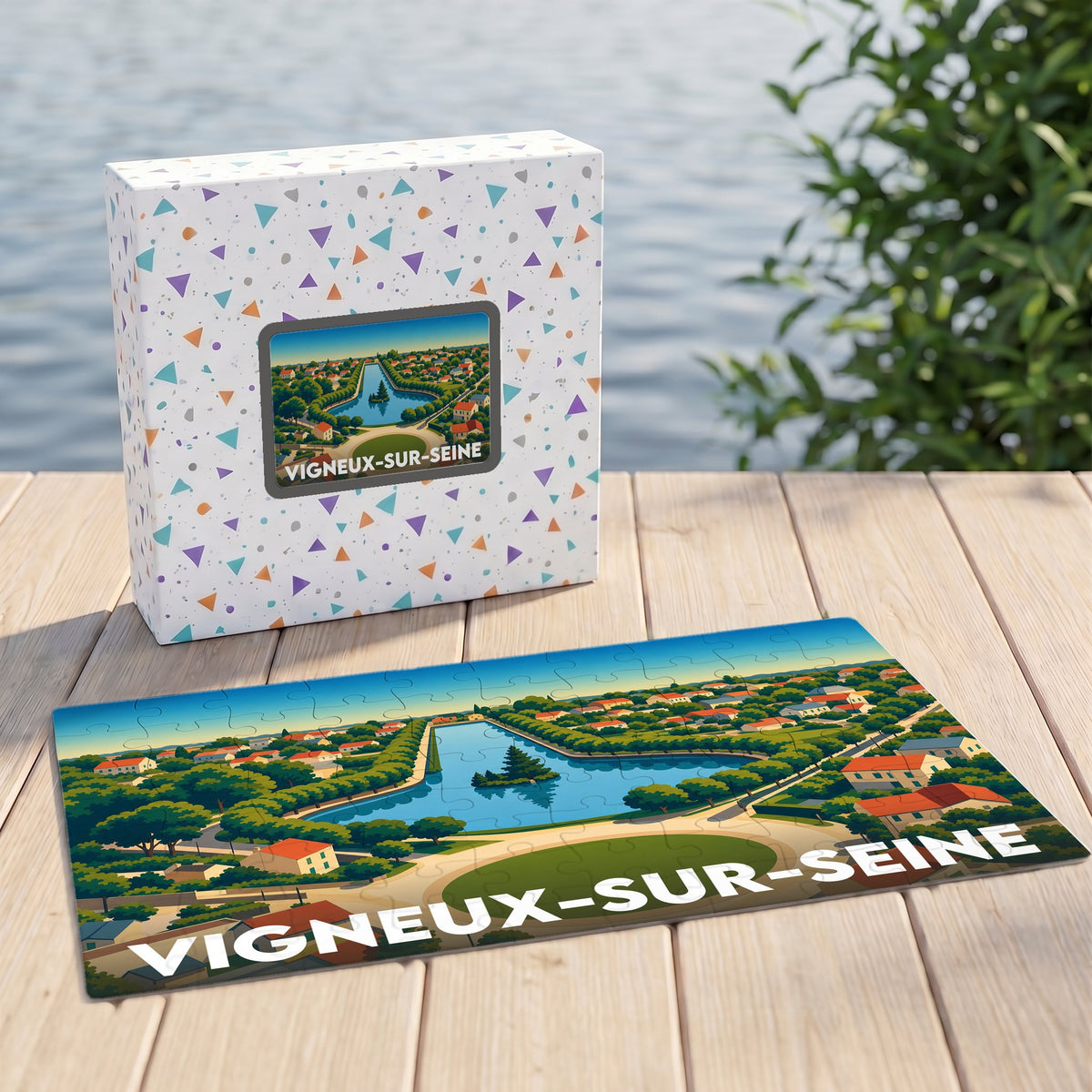 Puzzle souvenir de la ville de Vigneux-sur-Seine avec une illustration stylisée d'un paysage urbain et aquatique.