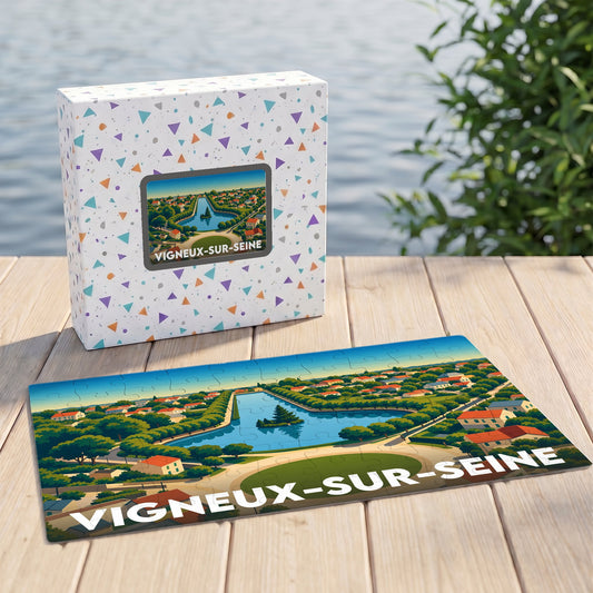Puzzle souvenir de la ville de Vigneux-sur-Seine avec une illustration stylisée d'un paysage urbain et aquatique.
