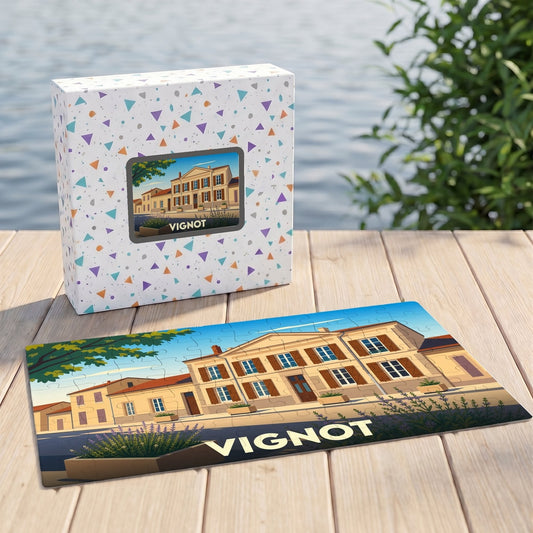 Puzzle souvenir de la ville de Vignot avec une illustration stylisée de son architecture.
