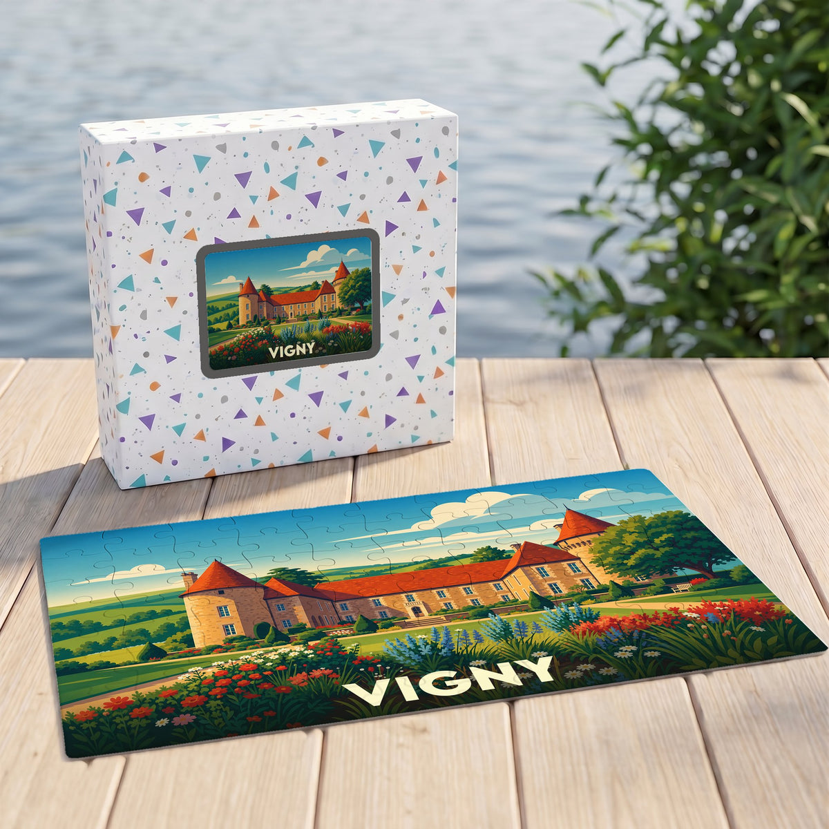 Puzzle souvenir de la ville de Vigny illustré d'un château et de jardins fleuris.