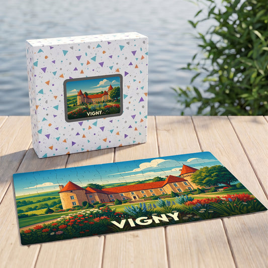 Puzzle souvenir de la ville de Vigny illustré d'un château et de jardins fleuris.