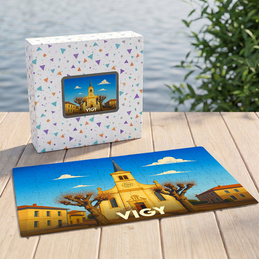 Puzzle souvenir de la ville de Vigy avec une illustration stylisée de son église.
