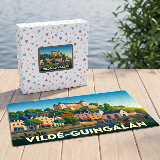 Puzzle souvenir de la ville de Vildé-Guingalan avec une illustration stylisée et colorée.