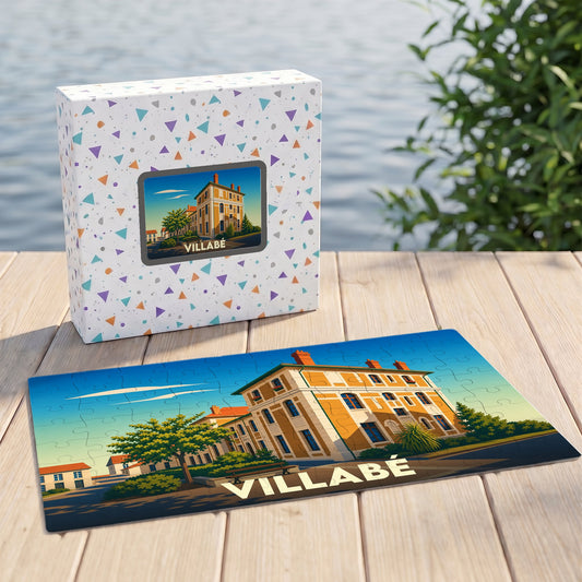 Puzzle souvenir de la ville de Villabé avec une illustration stylisée d'un bâtiment historique.