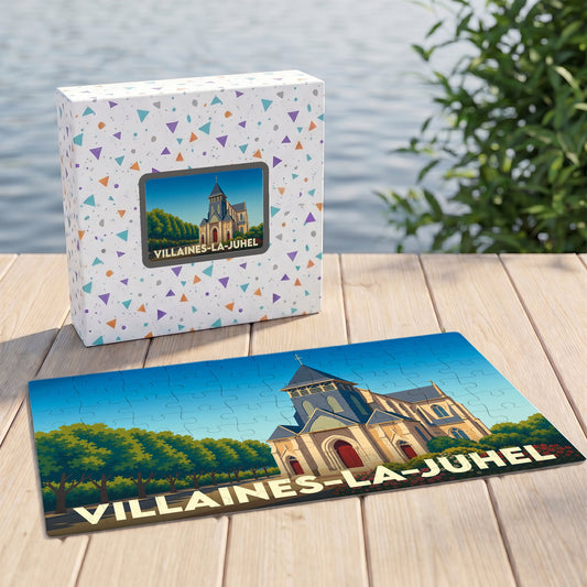 Puzzle souvenir de la ville de Villaines-la-Juhel avec une illustration stylisée d'une église locale.