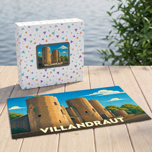 Puzzle souvenir de la ville de Villandraut avec une illustration stylisée de son château médiéval.