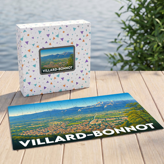Puzzle souvenir de la ville de Villard-Bonnot avec une illustration panoramique stylisée de la commune et des montagnes.