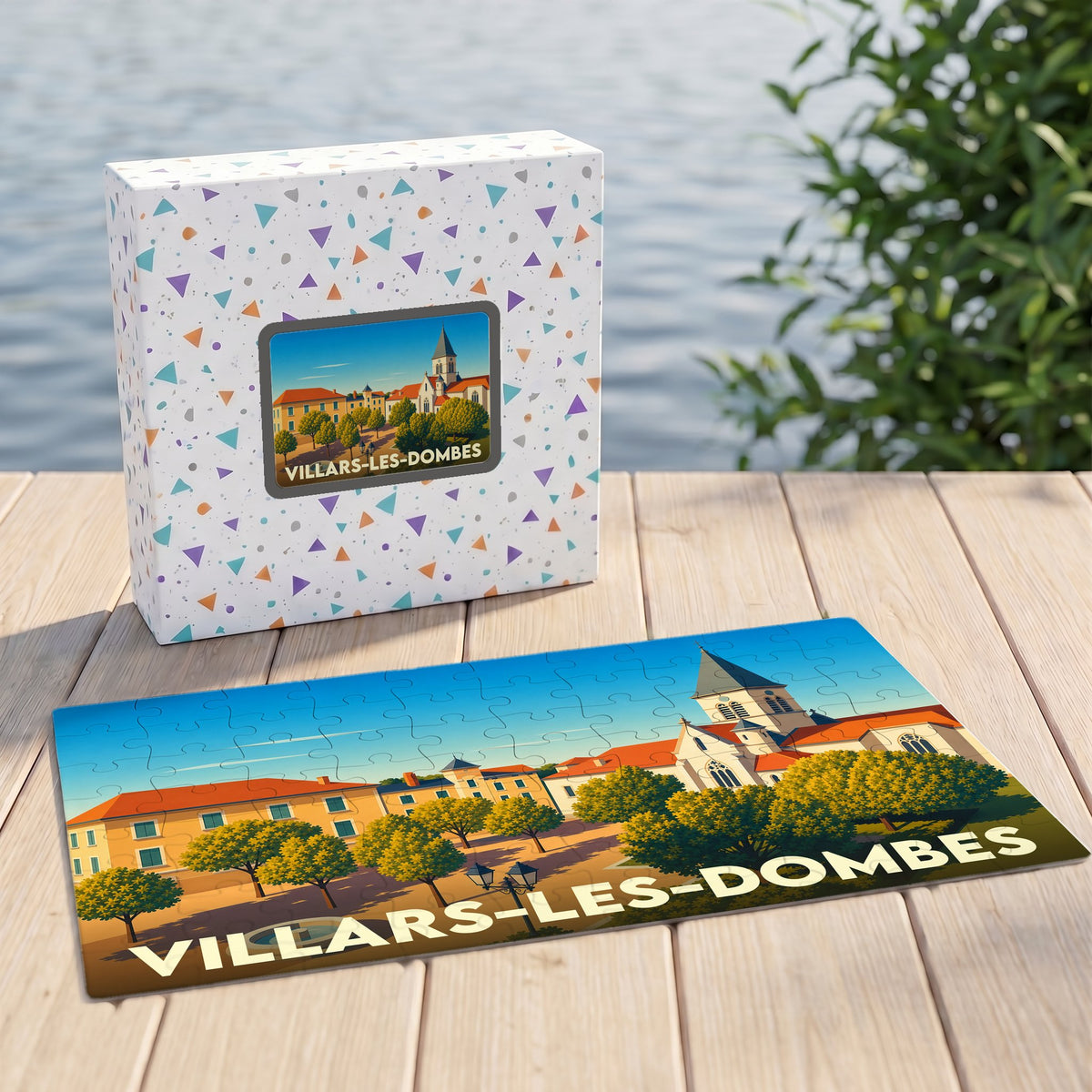 Puzzle souvenir de la ville de Villars-les-Dombes avec une illustration stylisée de son église et de ses bâtiments.