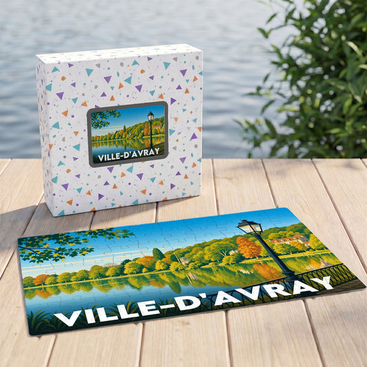 Puzzle souvenir de la ville de Ville-d'Avray avec une illustration stylisée d'un paysage lacustre automnal.