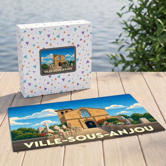Puzzle souvenir de Ville-sous-Anjou présentant une illustration stylisée de son église et de son cimetière.