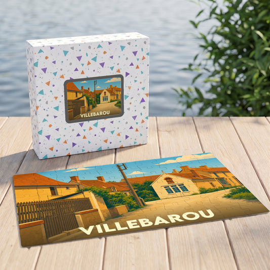 Puzzle souvenir de la ville de Villebarou avec une illustration stylisée.
