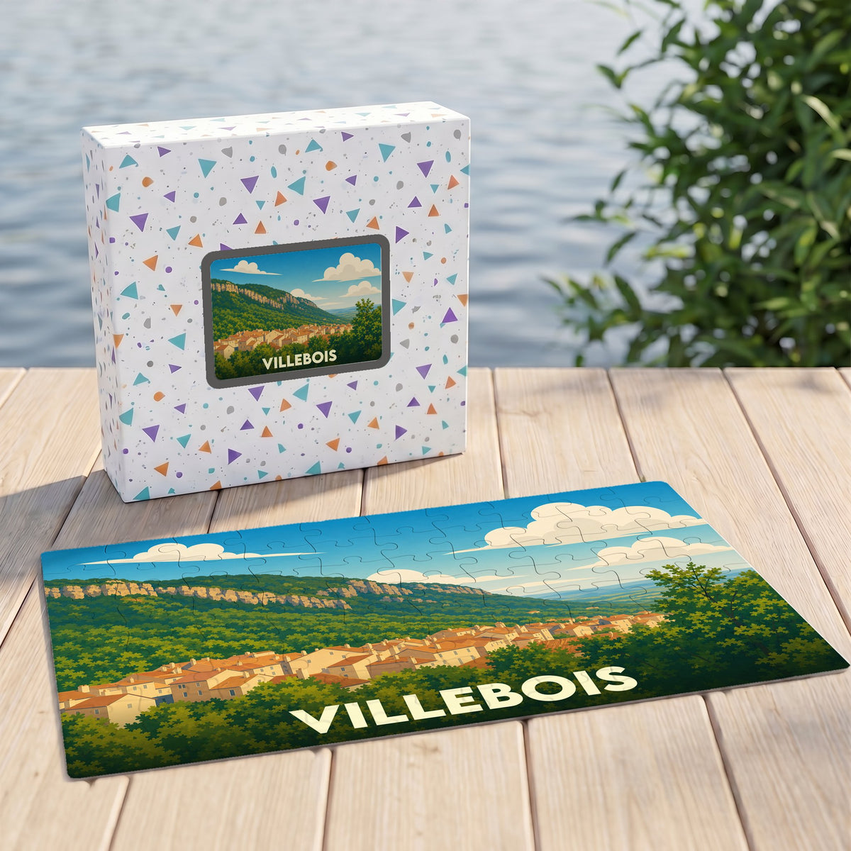 Puzzle souvenir de la ville de Villebois représentant un paysage illustré avec sa boîte assortie.