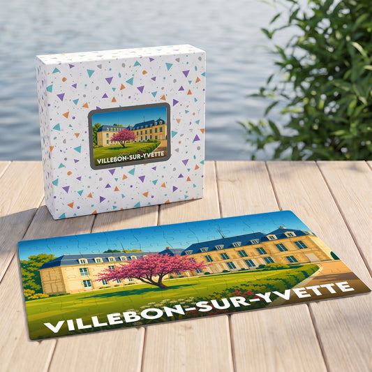 Puzzle souvenir de la ville de Villebon-sur-Yvette avec une illustration stylisée d'un château et de son parc.