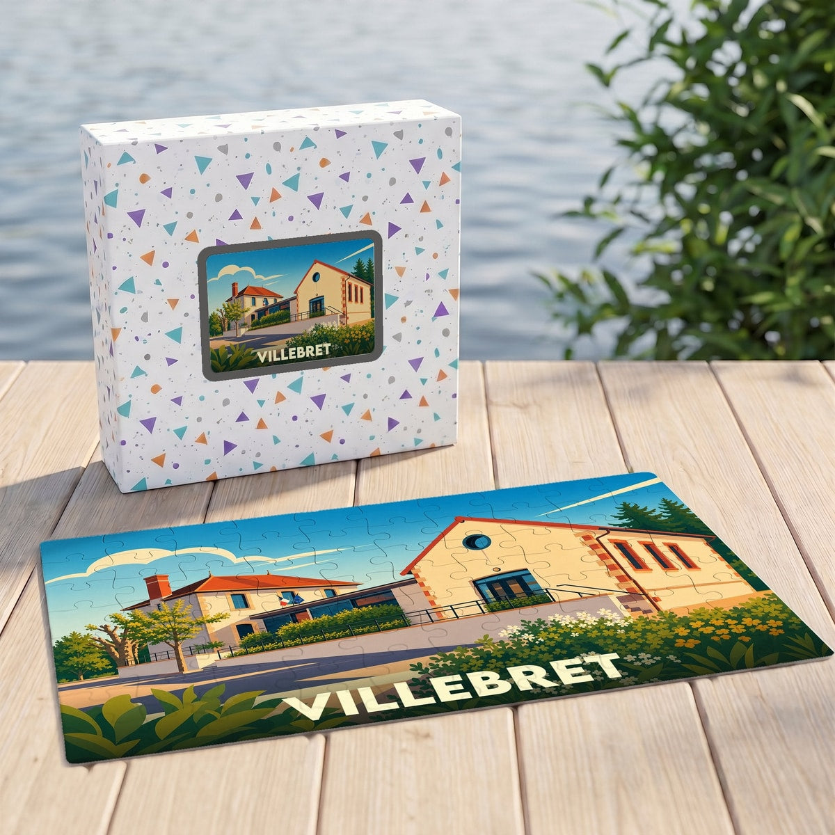Puzzle souvenir de la ville de Villebret avec une illustration stylisée d'un paysage urbain.