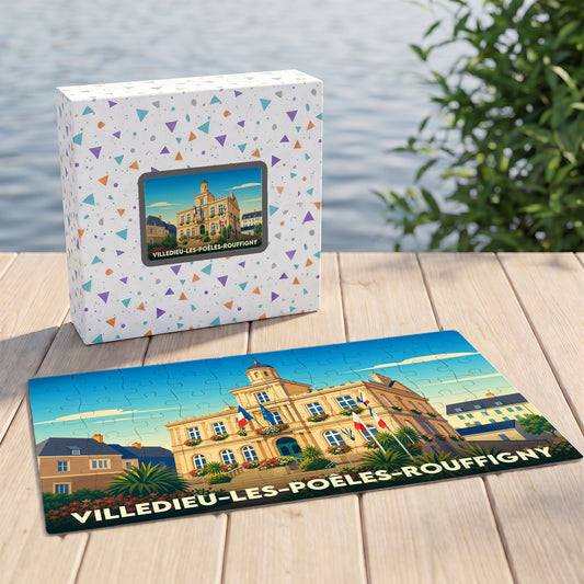 Puzzle souvenir de la ville de Villedieu-les-Poêles-Rouffigny avec une illustration stylisée de son hôtel de ville.