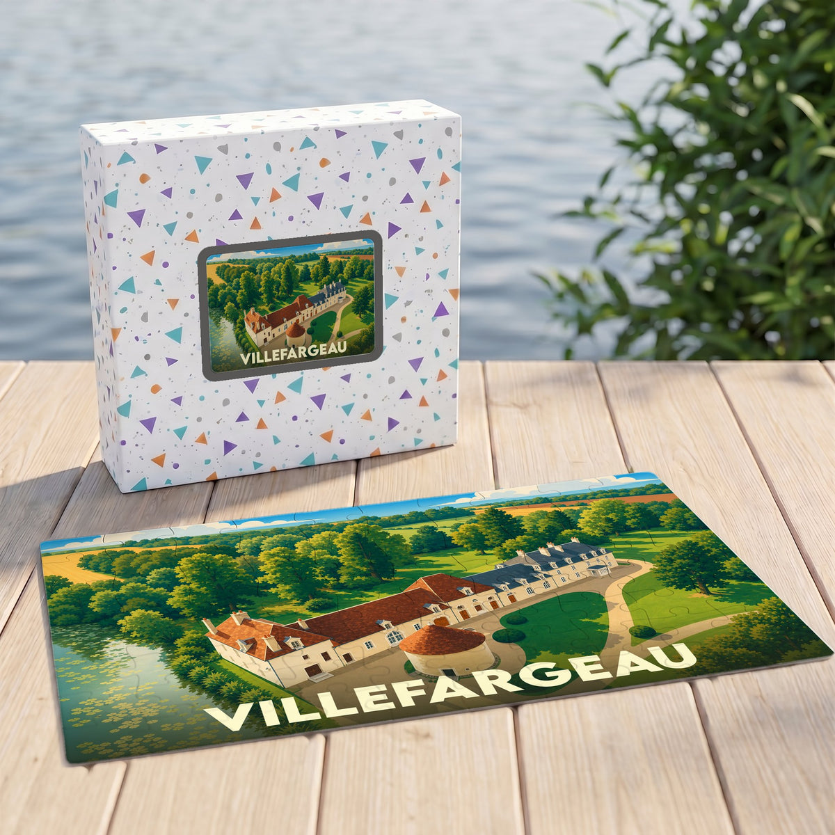 Puzzle souvenir de la commune de Villefargeau illustré par une vue aérienne stylisée de son château.