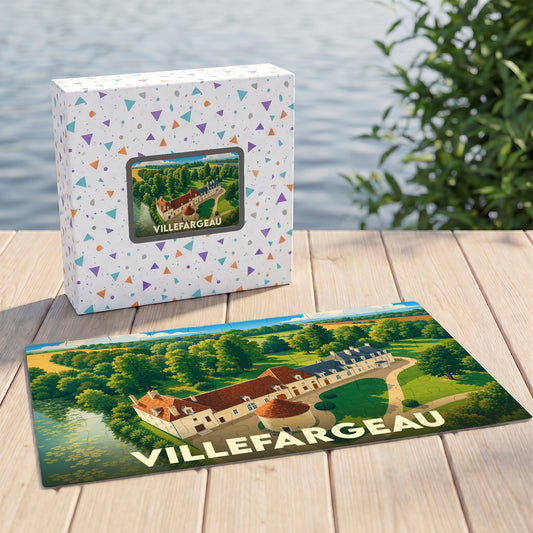 Puzzle souvenir de la commune de Villefargeau illustré par une vue aérienne stylisée de son château.