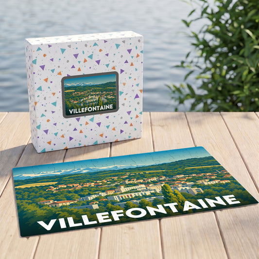 Puzzle souvenir de la ville de Villefontaine avec une illustration panoramique stylisée.