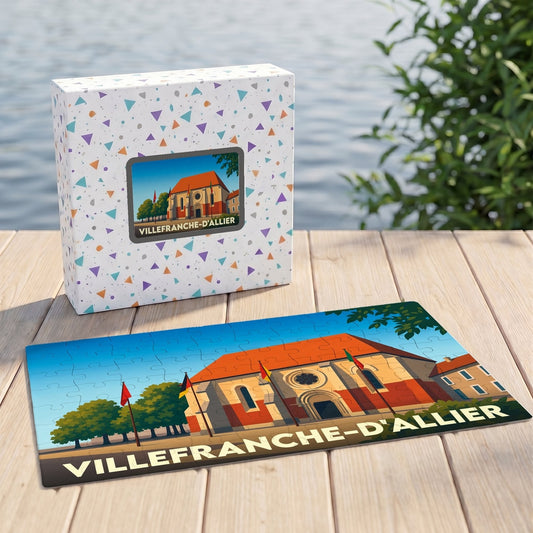 Puzzle souvenir de la ville de Villefranche-d'Allier avec une illustration stylisée et sa boîte assortie.