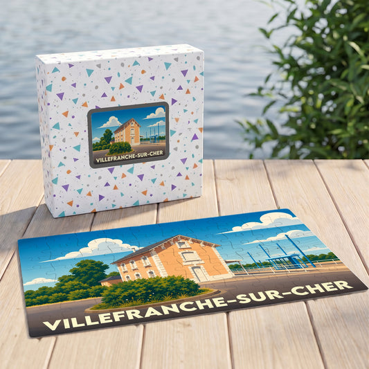 Puzzle souvenir de la ville de Villefranche-sur-Cher avec une illustration stylisée de sa gare.