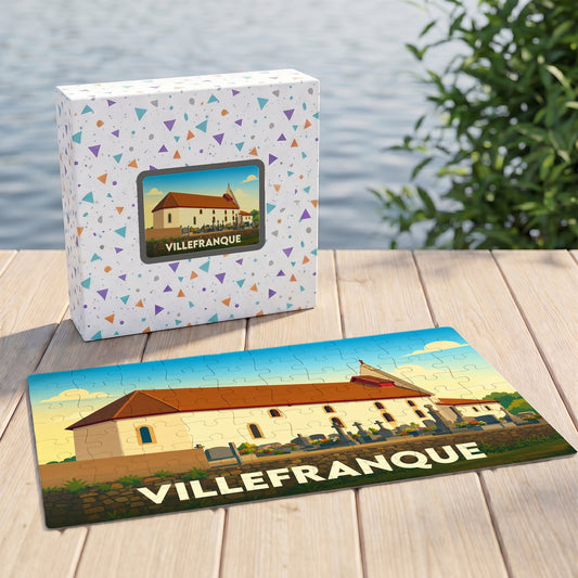 Puzzle souvenir de la ville de Villefranque avec une illustration stylisée.
