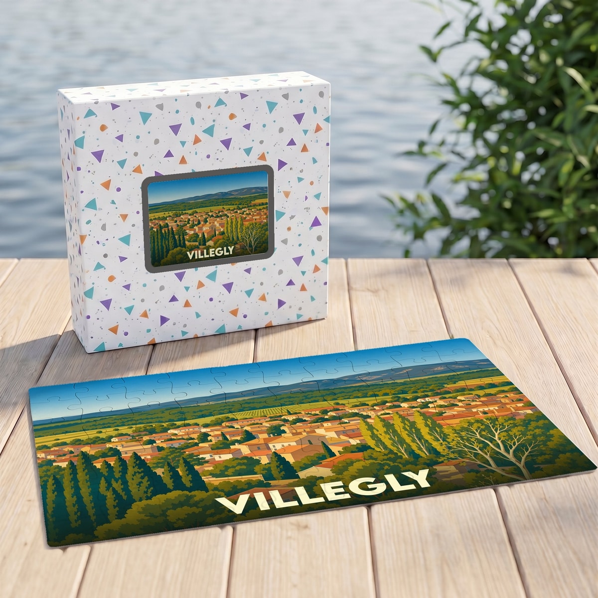 Puzzle souvenir de la ville de Villegly illustrant un paysage panoramique stylisé.
