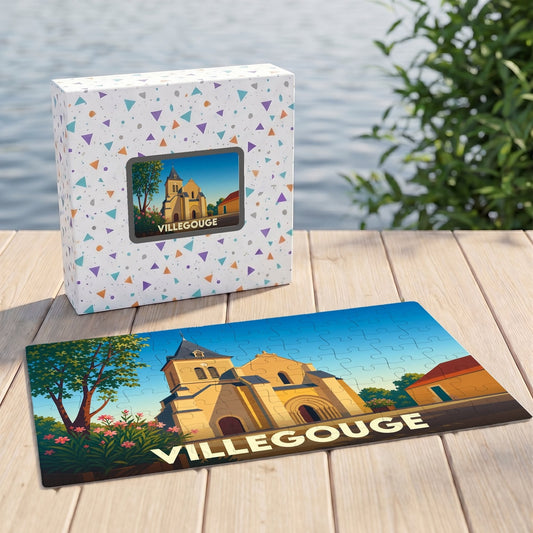 Puzzle souvenir de la ville de Villegouge avec une illustration stylisée de son église.