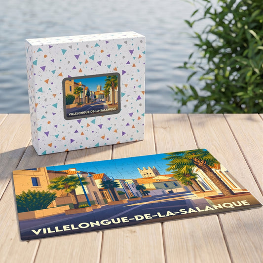 Puzzle souvenir de Villelongue-de-la-Salanque illustrant une rue ensoleillée bordée de palmiers dans un style rétro.